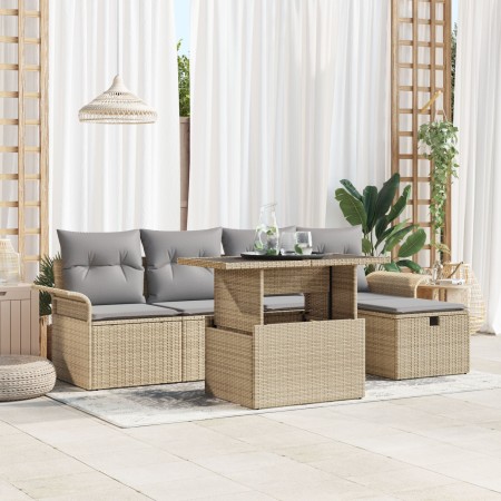 Conjunto de Sofá de Jardín de 6 Piezas con Cojines Beige de Ratán Poliéster de , Sofás de exterior - Ref: Foro24-3359667, Pre...