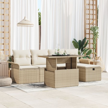 Conjunto de Sofá de Jardín de 6 Piezas con Cojines Beige de Ratán Poliéster de , Sofás de exterior - Ref: Foro24-3359668, Pre...