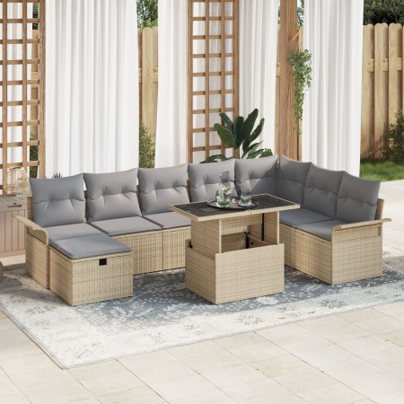 Conjunto de Sofá de Jardín de 9 Piezas con Cojines Beige Ratán Poliéster de , Sofás de exterior - Ref: Foro24-3359697, Precio...