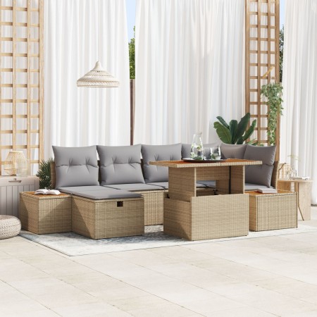 Conjunto de Sofá de Jardín de 7 Piezas con Cojines Beige de Ratán Poliéster de , Sofás de exterior - Ref: Foro24-3360080, Pre...