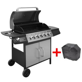 Barbacoa grill de gas 6+1 quemadores negra y plateada de , Barbacoas - Ref: Foro24-273793, Precio: 438,04 €, Descuento: %