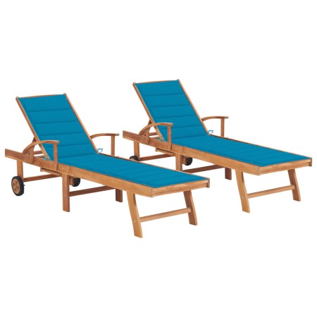 Tumbonas 2 unidades madera maciza de teca con cojín azul de , Tumbonas - Ref: Foro24-3073190, Precio: 539,97 €, Descuento: %