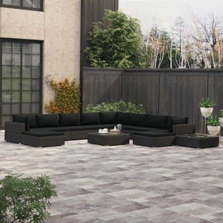 Set muebles de jardín 12 pzas y cojines ratán sintético negro de , Conjuntos de jardín - Ref: Foro24-46764, Precio: 1,00 €, D...