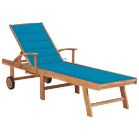 Tumbona con cojín azul madera maciza de teca de , Tumbonas - Ref: Foro24-3063010, Precio: 273,91 €, Descuento: %