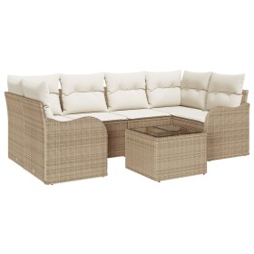 Juego de Sofá de Jardín de 7 Piezas con Cojines Ratán Beige Poli, Sofá de Jardín de 2 Plazas con Cojines Ratán Beige Poli de ...