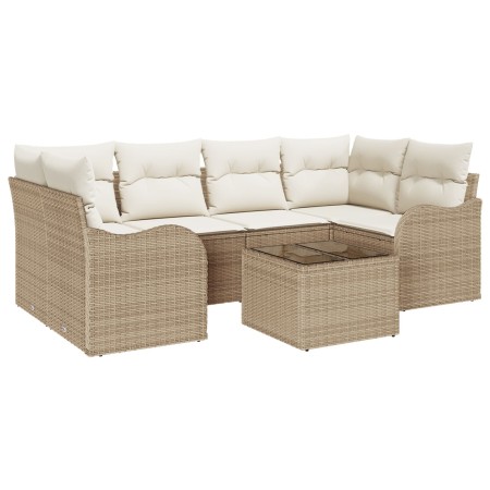 Juego de Sofá de Jardín de 7 Piezas con Cojines Ratán Beige Poli, Sofá de Jardín de 2 Plazas con Cojines Ratán Beige Poli de ...