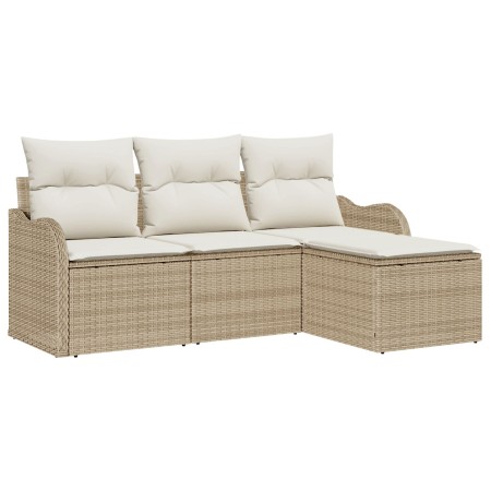 Juego de Sofá de Jardín de 4 Piezas con Cojines Beige Poli Ratán, Sofá de Jardín de Dos Plazas con Cojines Beige Poli Ratán d...