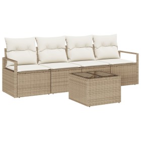 Juego de Sofá de Jardín de 5 Piezas con Cojines Beige Poliratán, Sofá de Jardín de 2 Plazas con Cojines Beige Poliratán de , ...