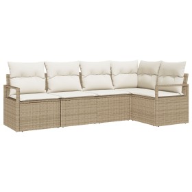 Juego de Sofá de Jardín 5 Piezas con Cojines Beige Poliratán, Sofá de Jardín de 2 Plazas con Cojines Beige Poliratán de , Sof...