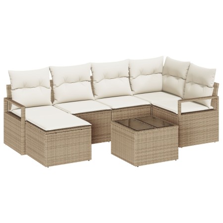 Set de Sofá de Jardín de 7 Piezas con Cojines de Rattan Marrón, Sofá de Jardín de 2 Plazas con Cojines Beige de Rattan de , S...