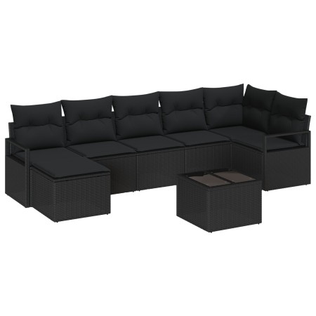 Juego de Sofá de Jardín de 8 Piezas con Almohadas Beige Poliratán, Sofá de Jardín de 2 Plazas con Almohadas Negro Poliratán d...