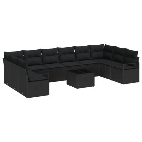 Conjunto de Sofá de Jardín de 11 piezas con Cojines Beige Poliratán, Sofá de Jardín de 2 Plazas con Cojines Negro Poliratán d...