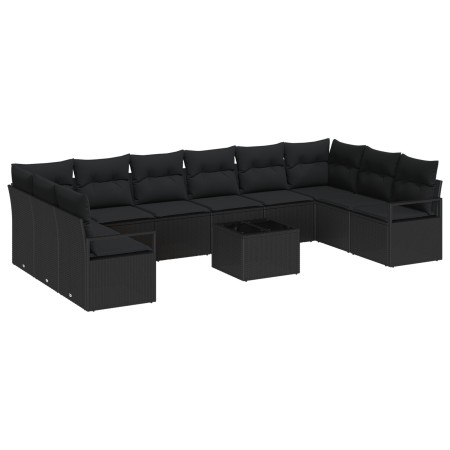 Conjunto de Sofá de Jardín de 11 piezas con Cojines Beige Poliratán, Sofá de Jardín de 2 Plazas con Cojines Negro Poliratán d...