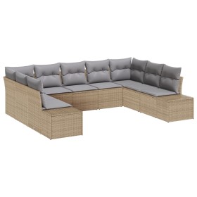 Set de Sofá de Jardín de 9 Piezas con Cojines Beige de Ratán Poliéster de , Sofás de exterior - Ref: Foro24-3347220, Precio: ...
