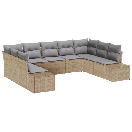Set de Sofá de Jardín de 9 Piezas con Cojines Beige de Ratán Poliéster de , Sofás de exterior - Ref: Foro24-3347220, Precio: ...
