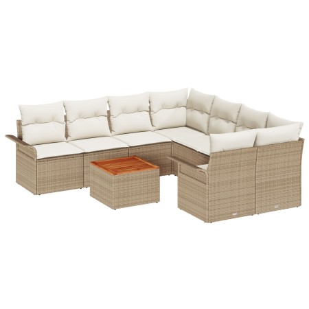 Conjunto de Sofás de Jardín de 9 Piezas con Cojines Beige Ratán Poli Acacia de , Sofás de exterior - Ref: Foro24-3347309, Pre...