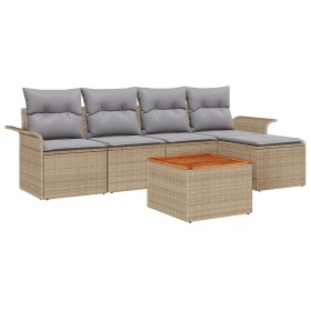 Conjunto de sofá de jardín de 6 piezas con cojines color beige de ratán y acacia de , Sofás de exterior - Ref: Foro24-3347315...