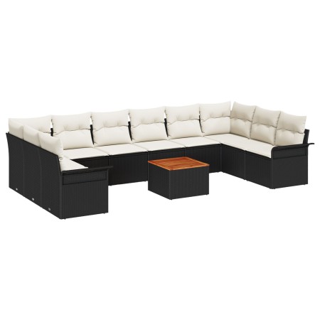 Set de Sofás Jardín de 11 Piezas con Cojines Negros de Rattan Poliéster Acacia de , Sofás de exterior - Ref: Foro24-3347376, ...