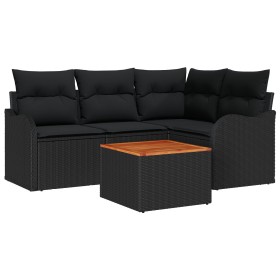 Conjunto de Sofá de Jardín de 5 Piezas con Cojines Ratán Negro Acacia, Sofá de Jardín de 2 Plazas con Cojines Ratán Negro de ...