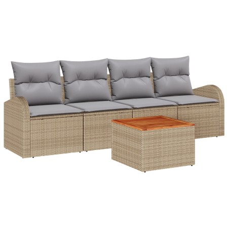 Conjunto de Sofás de Jardín de 5 Piezas con Cojines Beige de Ratán Sintético y Acacia de , Sofás de exterior - Ref: Foro24-33...