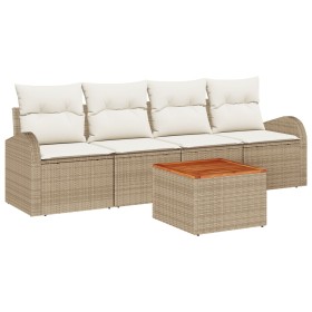Conjunto de Sofás de Jardín de 5 Piezas con Cojines Beige Ratán Poliéster Acacia de , Sofás de exterior - Ref: Foro24-3347512...