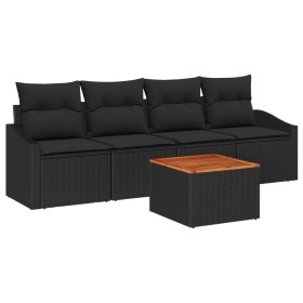 Conjunto de Sofás de Jardín de 5 Piezas con Cojines Negro de Ratan Sintético y Acacia de , Sofás de exterior - Ref: Foro24-33...