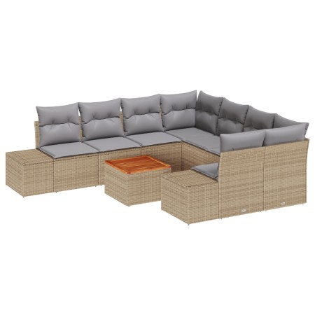 Conjunto de Sofá de Jardín de 9 Piezas con Cojines Beige Ratán Poliéster Acacia de , Sofás de exterior - Ref: Foro24-3347938,...