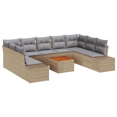 Juego de Sofá de Jardín de 10 Piezas con Cojines Beige Ratán Sintético Acacia de , Sofás de exterior - Ref: Foro24-3348001, P...