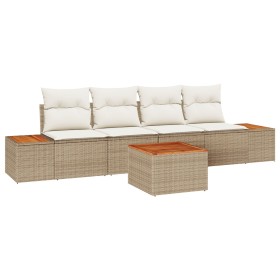 Conjunto de Sofás de Jardín de 5 Piezas con Cojines Beige de Ratán y Acacia de , Sofás de exterior - Ref: Foro24-3348022, Pre...