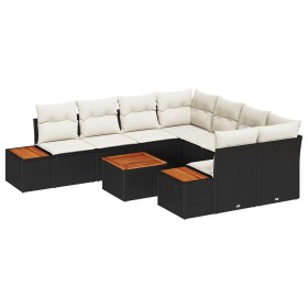 Juego de sofá de jardín de 9 piezas con cojines en negro y crema de ratán y acacia de , Sofás de exterior - Ref: Foro24-33480...