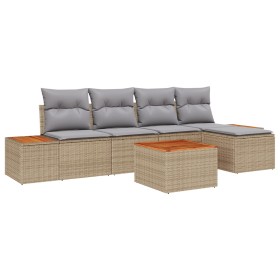 Conjunto de Sofá de Jardín de 6 Piezas con Cojines Beige Ratán de Poli Acacia de , Sofás de exterior - Ref: Foro24-3348071, P...