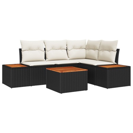 Conjunto de Sofá de Jardín de 5 Piezas con Cojines Negro Ratán Poliéster Acacia de , Sofás de exterior - Ref: Foro24-3348078,...