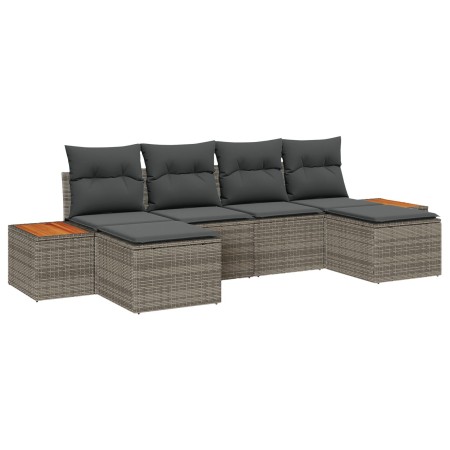 Conjunto de Sofá de Jardín de 6 Piezas con Cojines Gris Ratán Poliéster Acacia de , Sofás de exterior - Ref: Foro24-3348140, ...