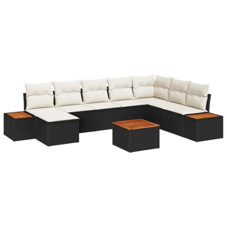 Set de Sofá de Jardín de 9 Piezas con Cojines negros de Poliratán y Acacia de , Sofás de exterior - Ref: Foro24-3348148, Prec...