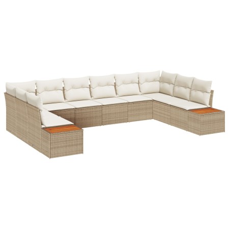 Set de Sofá de Jardín de 10 Piezas con Cojines Beige de Ratán Poli Acacia de , Sofás de exterior - Ref: Foro24-3348177, Preci...
