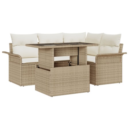 Conjunto de sofá de jardín de 5 piezas con cojines Beige Ratán poliéster de , Sofás de exterior - Ref: Foro24-3348277, Precio...