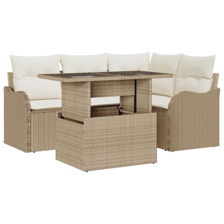 Juego de Sofá de Jardín de 5 Piezas con Cojines Beige Poliratán, Sofá de Jardín de 2 Plazas con Cojines Beige Poliratán de , ...