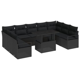 Conjunto de Sofá de Jardín de 10 Piezas con Cojines Negro Poliratán, Sofá de Jardín de 2 Plazas con Cojines Negro Poliratán d...