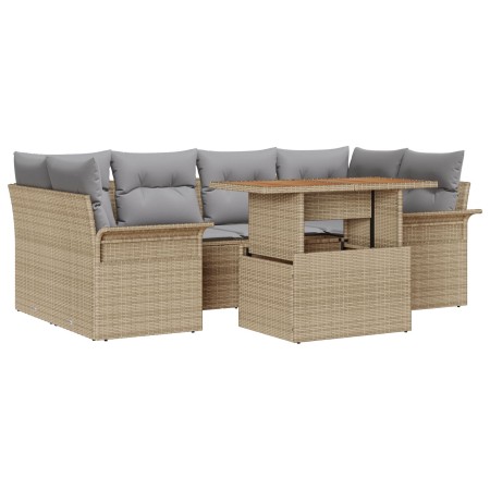 Conjunto de Sofás de Jardín de 7 Piezas con Cojines Beige de Ratán Poliéster Acacia de , Sofás de exterior - Ref: Foro24-3349...