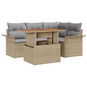 Conjunto de Comedor de Jardín de 5 Piezas con Cojines Beige Ratán Poliéster Acacia de , Sofás de exterior - Ref: Foro24-33493...