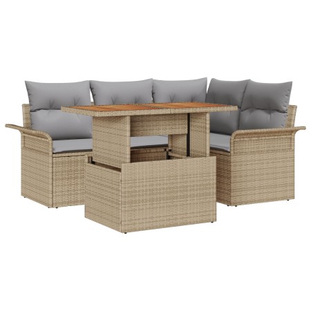 Conjunto de Comedor de Jardín de 5 Piezas con Cojines Beige Ratán Poliéster Acacia de , Sofás de exterior - Ref: Foro24-33493...