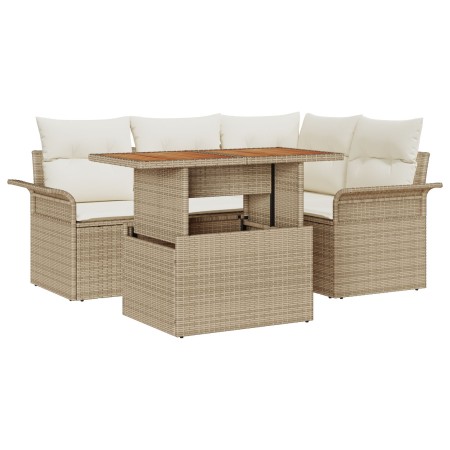 Juego de comedor de jardín de 5 piezas con cojines Beige Polirratán Acacia de , Sofás de exterior - Ref: Foro24-3349329, Prec...