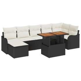 Juego de sofá de jardín de 8 piezas con cojines ratán negro acacia, Sofá de jardín de 2 plazas con cojines ratán negro de , S...