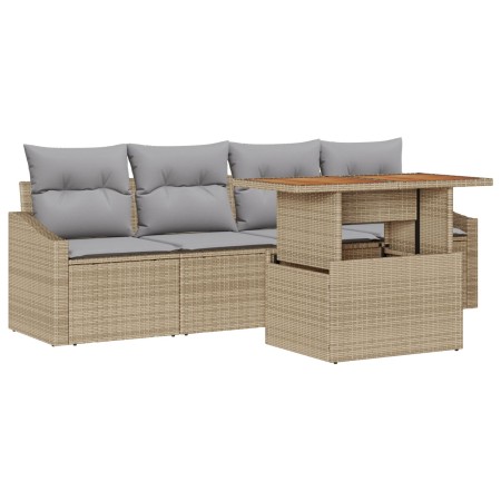 Juego de Comedor de Jardín de 5 Piezas con Cojines Beige de Poliratán y Acacia de , Sofás de exterior - Ref: Foro24-3349769, ...