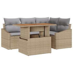 Conjunto de Comedor de Jardín de 5 Piezas con Cojines Beige Polirratán Acacia de , Sofás de exterior - Ref: Foro24-3349832, P...
