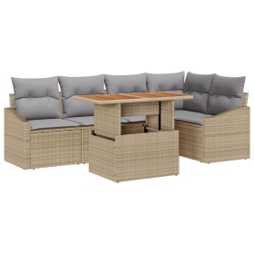 Juego de Comedor de Jardín de 6 Piezas con Cojines Beige de Poliratán y Acacia de , Sofás de exterior - Ref: Foro24-3349839, ...