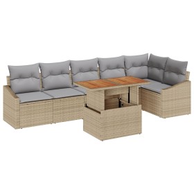 Conjunto de Comedor de Jardín de 7 Piezas con Cojines Beige de Poliratán y Acacia de , Sofás de exterior - Ref: Foro24-334984...