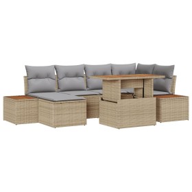 Set de Comedor de Jardín de 7 Piezas con Cojines Beige de Poliratán y Acacia de , Sofás de exterior - Ref: Foro24-3350087, Pr...