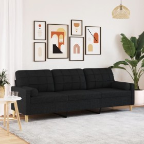 Sofá de 3 plazas con cojines tela negro 210 cm en Sofás | Comprar online en Foru.es