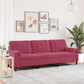 Sofá de 3 plazas con cojines terciopelo rojo tinto 210 cm en Sofás | Comprar online en Foru.es